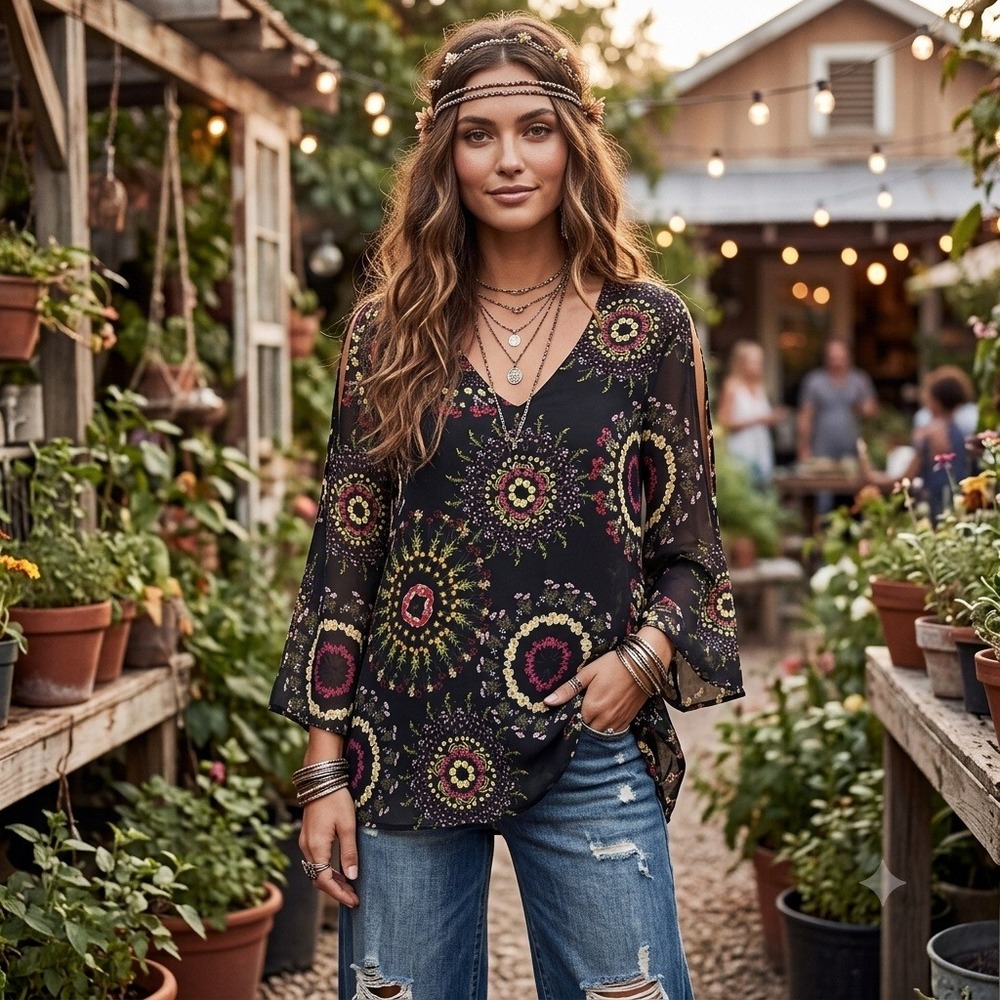 ecru Black Floral Medallion V-Neck Blouse